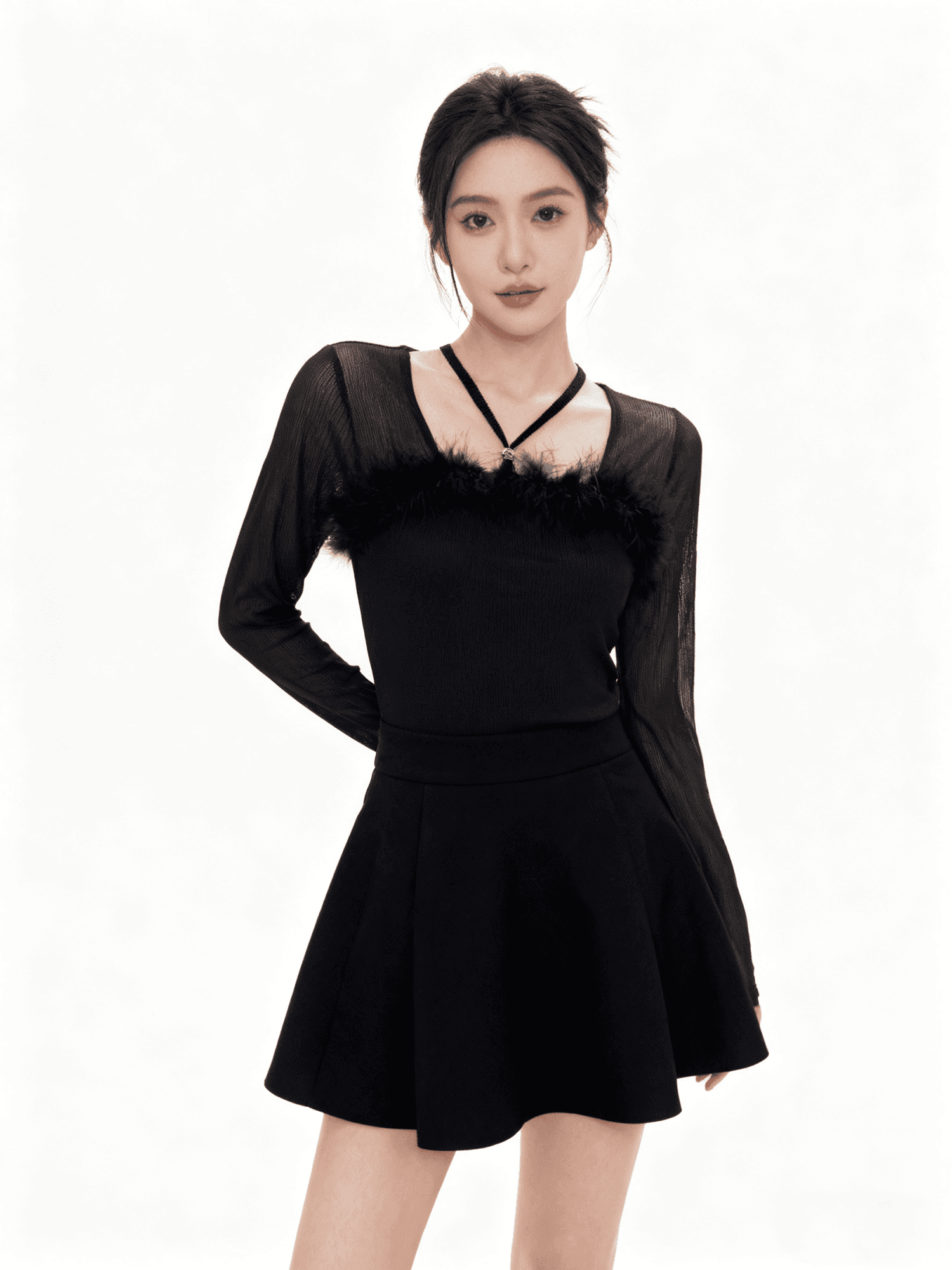 봄 새로운 디자인 센스 Chic 한 단어 모피 칼라 비즈 박기 다이아몬드 세팅 버클 면 티셔츠 긴팔 망사 여성 셔츠 질량 지금 상세 이미지 6