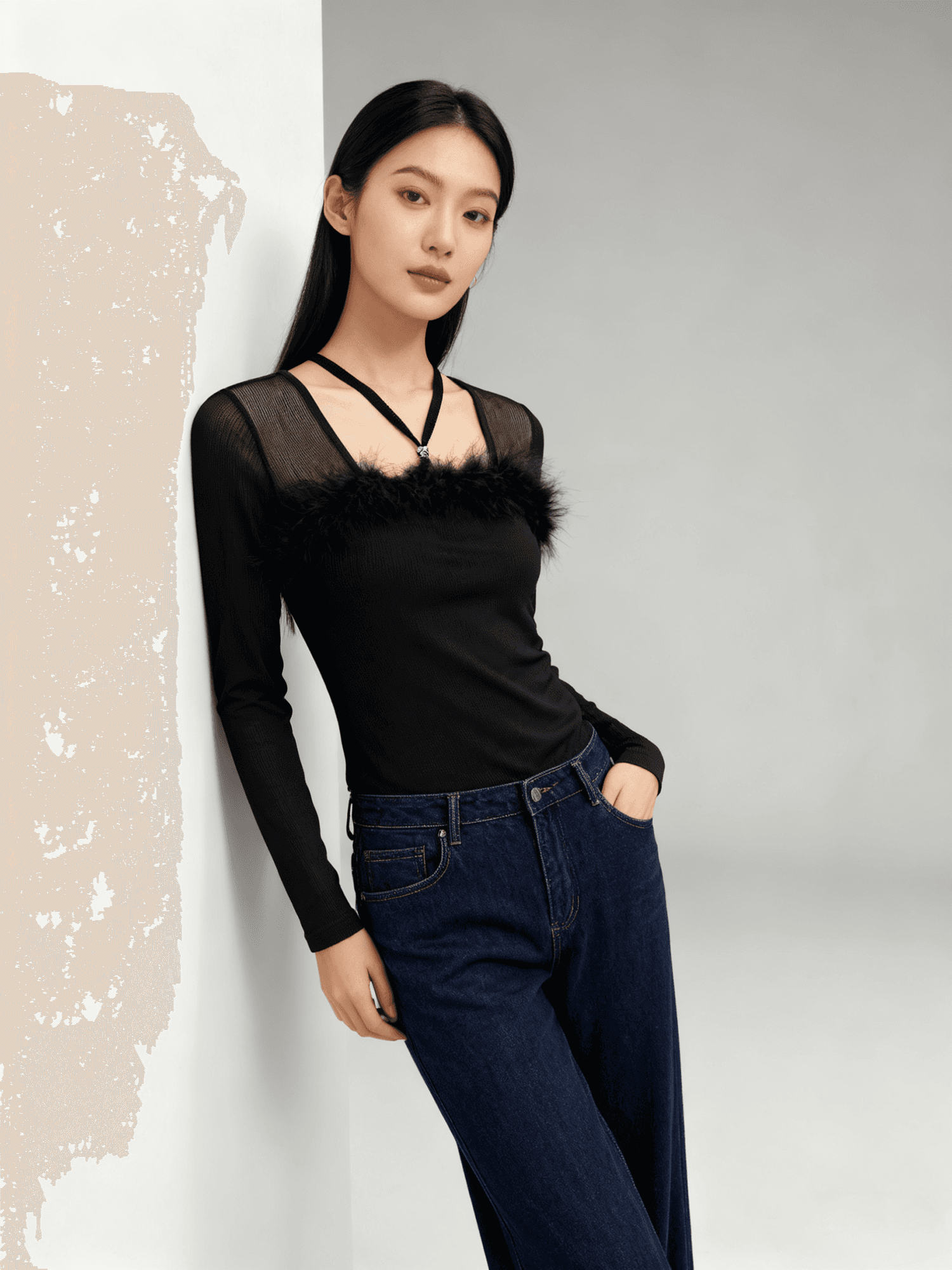 봄 새로운 디자인 센스 Chic 한 단어 모피 칼라 비즈 박기 다이아몬드 세팅 버클 면 티셔츠 긴팔 망사 여성 셔츠 질량 지금 상세 이미지 7