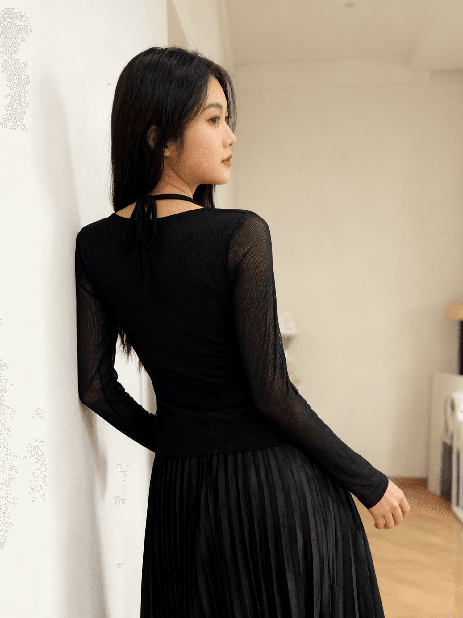 봄 새로운 디자인 센스 Chic 한 단어 모피 칼라 비즈 박기 다이아몬드 세팅 버클 면 티셔츠 긴팔 망사 여성 셔츠 질량 지금 상세 이미지 9