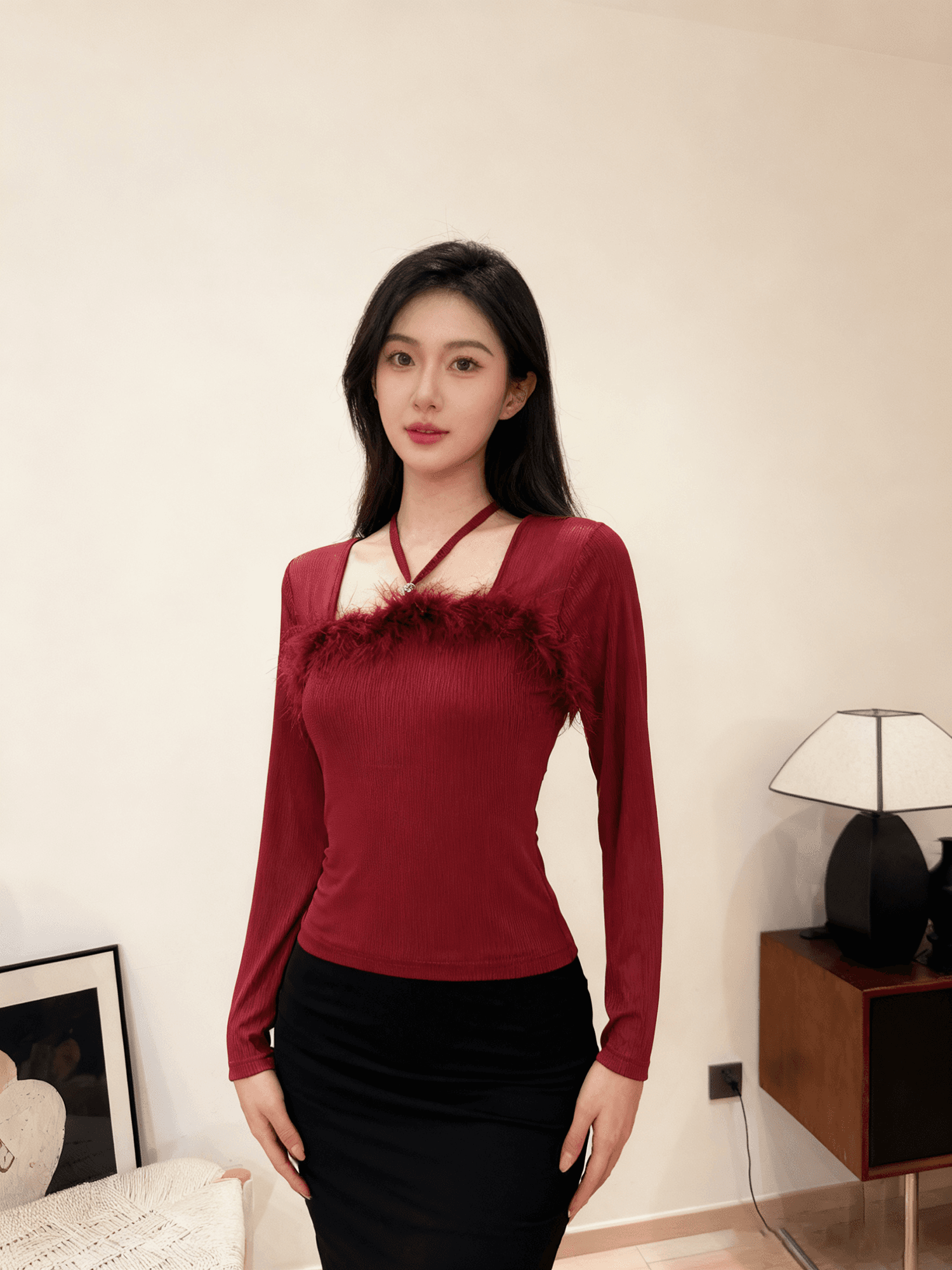 봄 새로운 디자인 센스 Chic 한 단어 모피 칼라 비즈 박기 다이아몬드 세팅 버클 면 티셔츠 긴팔 망사 여성 셔츠 질량 지금 상세 이미지 10