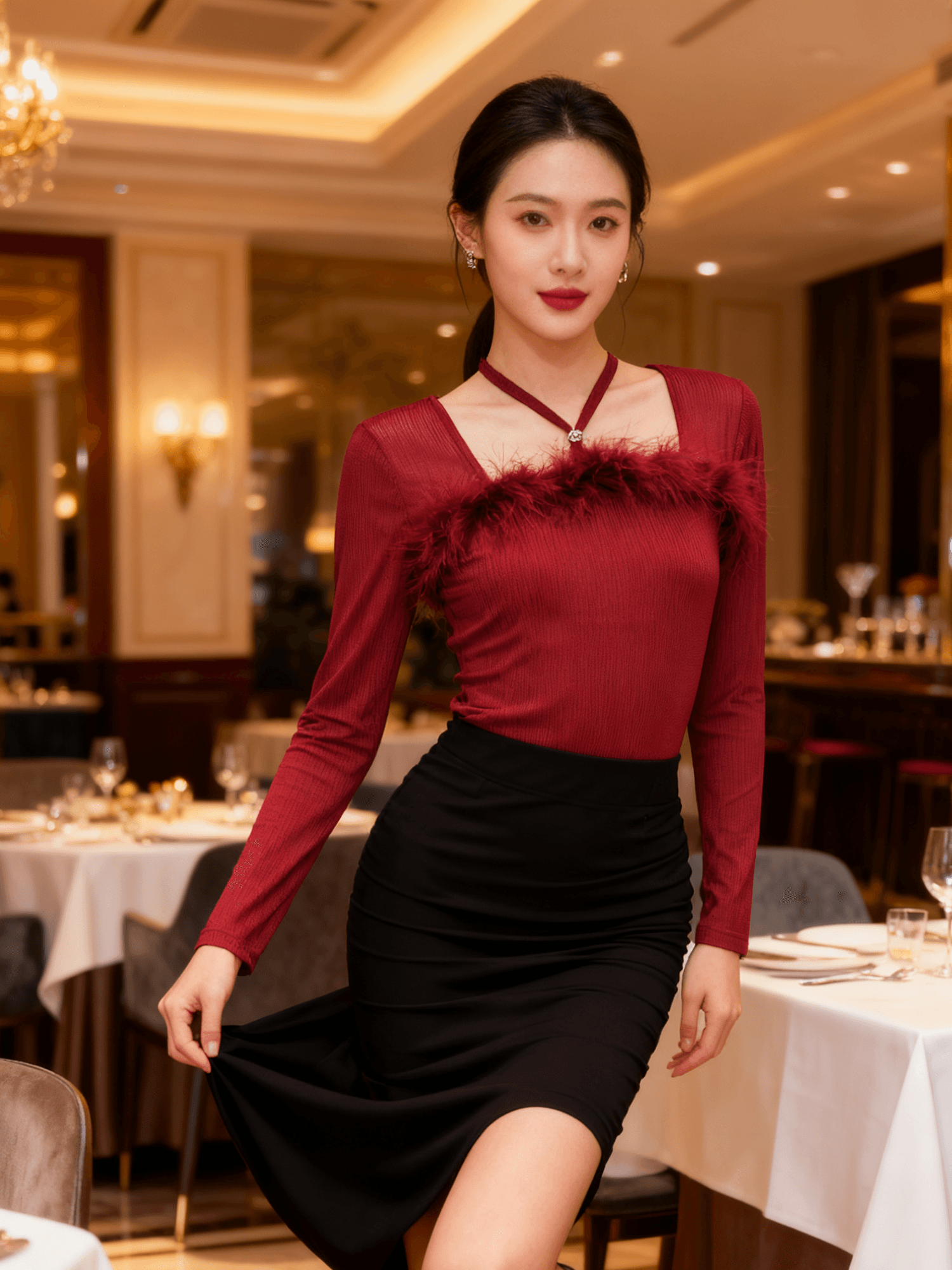 봄 새로운 디자인 센스 Chic 한 단어 모피 칼라 비즈 박기 다이아몬드 세팅 버클 면 티셔츠 긴팔 망사 여성 셔츠 질량 지금 상세 이미지 11