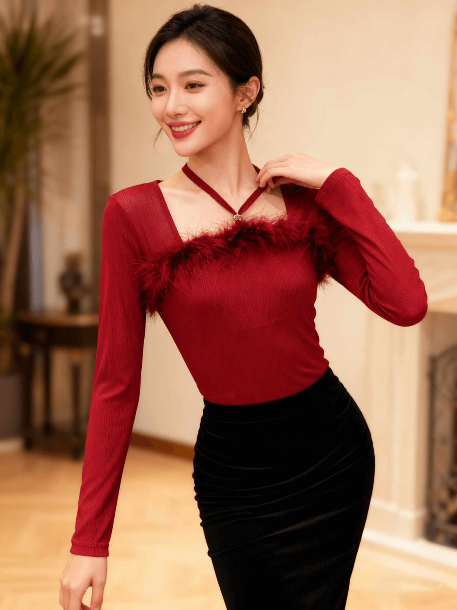봄 새로운 디자인 센스 Chic 한 단어 모피 칼라 비즈 박기 다이아몬드 세팅 버클 면 티셔츠 긴팔 망사 여성 셔츠 질량 지금 상세 이미지 13