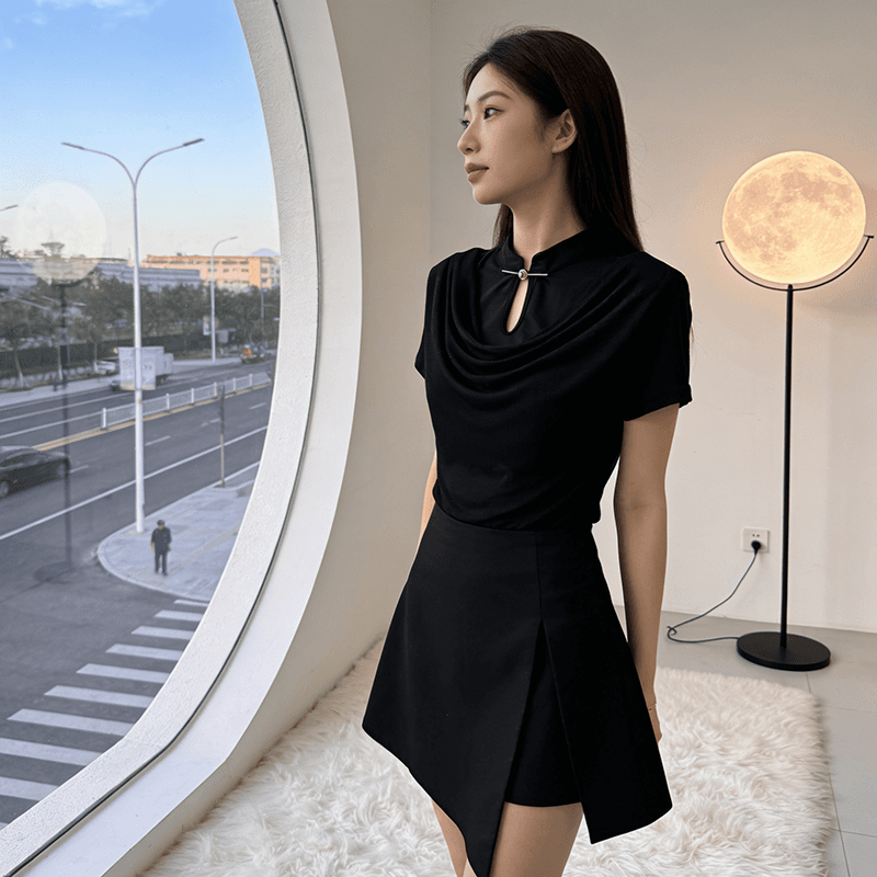 여름 국풍 단추 망사 흔들다 칼라 불규칙 여성 셔츠 반팔 티셔츠 패션 작은 셔츠 지금 s-xxl