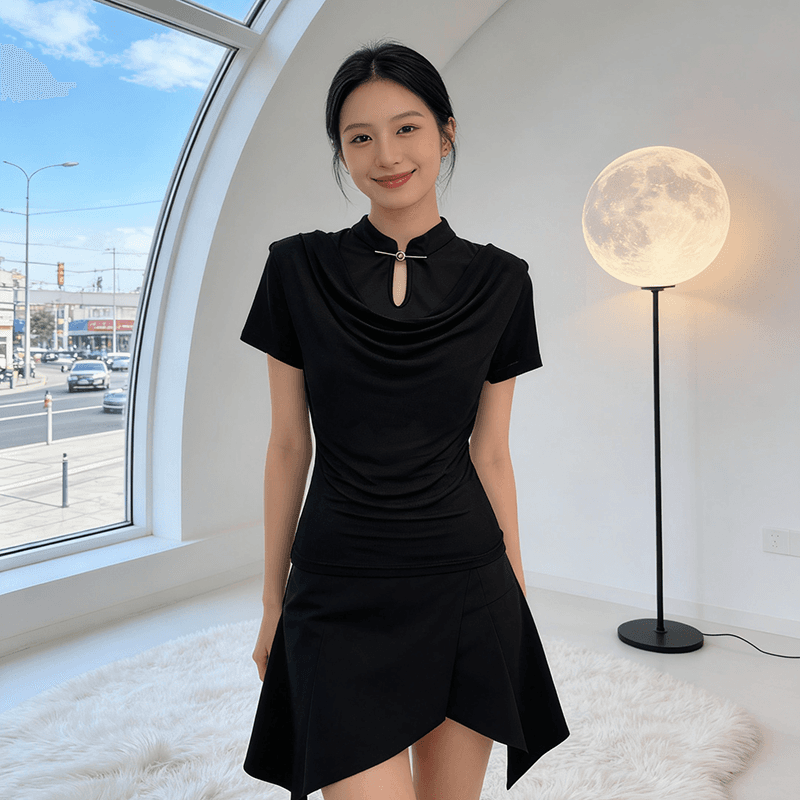 여름 국풍 단추 망사 흔들다 칼라 불규칙 여성 셔츠 반팔 티셔츠 패션 작은 셔츠 지금 s-xxl 이미지 3