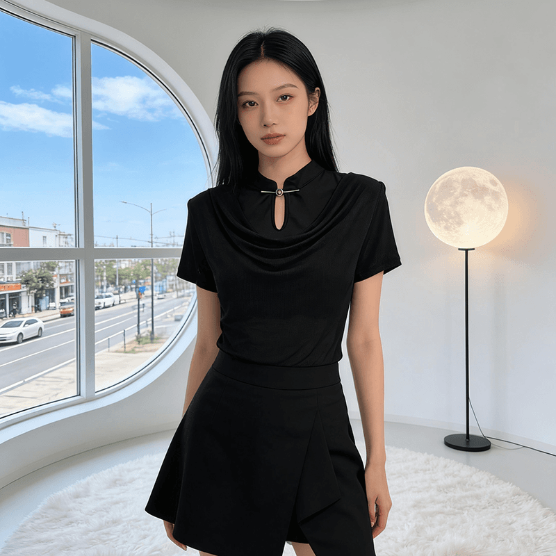 여름 국풍 단추 망사 흔들다 칼라 불규칙 여성 셔츠 반팔 티셔츠 패션 작은 셔츠 지금 s-xxl 이미지 4