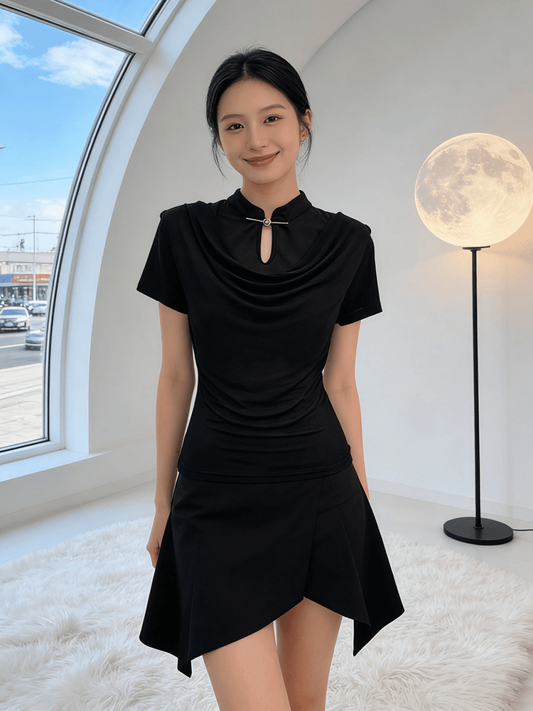 여름 국풍 단추 망사 흔들다 칼라 불규칙 여성 셔츠 반팔 티셔츠 패션 작은 셔츠 지금 s-xxl 상세 이미지 1