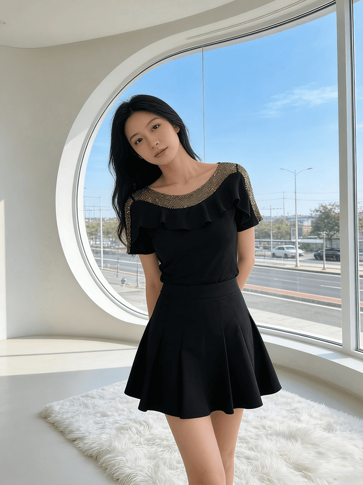 프랑스식 프릴 무거운 작업 핫픽스 여름 반팔 맨위 여성 표지 고기 슬림해 보이는 패션 다용도 티셔츠 기본 셔츠 트렌디 상세 이미지 1