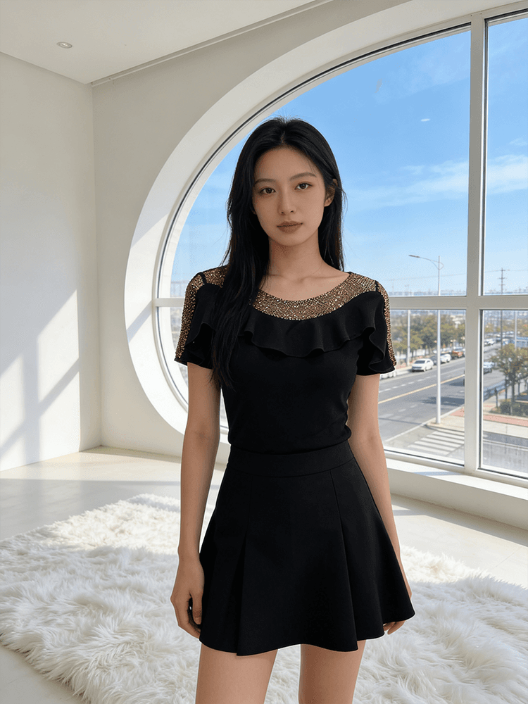 프랑스식 프릴 무거운 작업 핫픽스 여름 반팔 맨위 여성 표지 고기 슬림해 보이는 패션 다용도 티셔츠 기본 셔츠 트렌디 상세 이미지 2