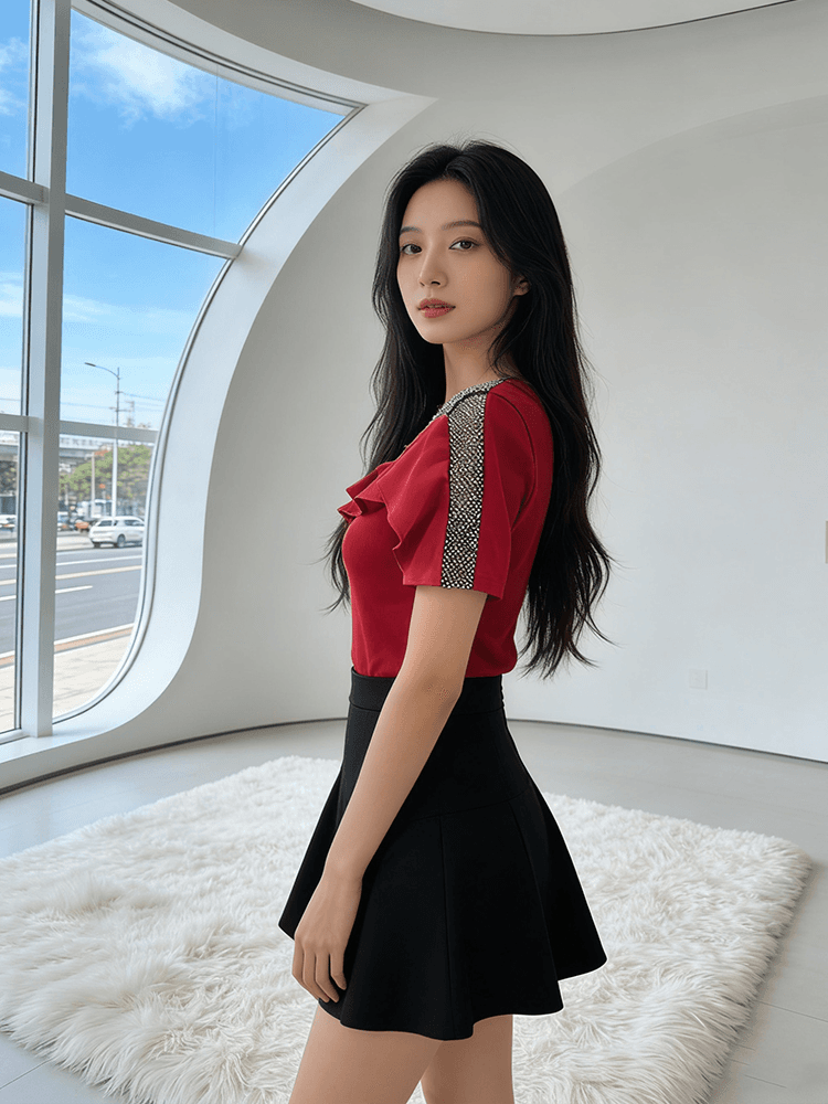 프랑스식 프릴 무거운 작업 핫픽스 여름 반팔 맨위 여성 표지 고기 슬림해 보이는 패션 다용도 티셔츠 기본 셔츠 트렌디 상세 이미지 7
