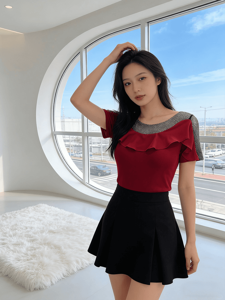 프랑스식 프릴 무거운 작업 핫픽스 여름 반팔 맨위 여성 표지 고기 슬림해 보이는 패션 다용도 티셔츠 기본 셔츠 트렌디 상세 이미지 8