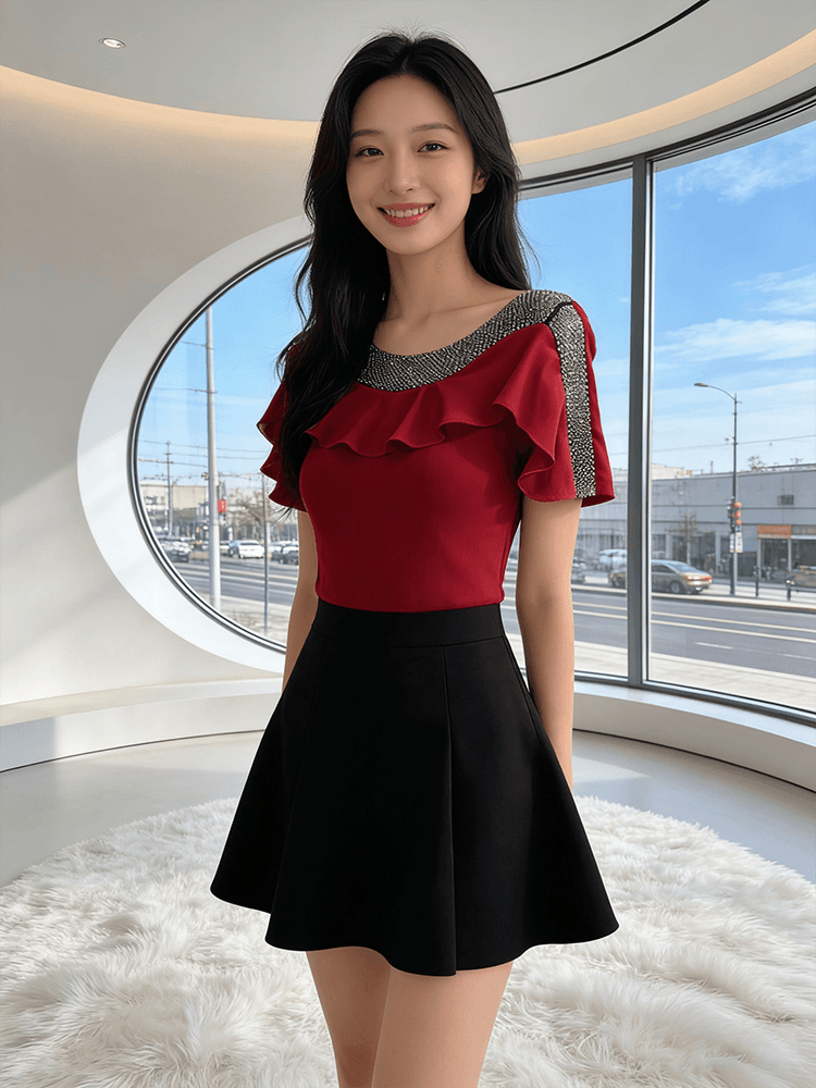 프랑스식 프릴 무거운 작업 핫픽스 여름 반팔 맨위 여성 표지 고기 슬림해 보이는 패션 다용도 티셔츠 기본 셔츠 트렌디 상세 이미지 10