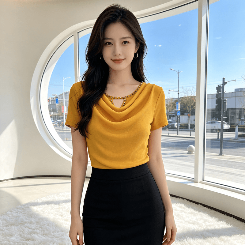 무거운 작업 다이아몬드 세팅 흔들다 칼라 여름 반팔 티셔츠 품격 몸매 가꾸기 순수한 욕망 바람 슬림해 보이는 분위기 센스 당겨서 전체 의류 블라우스