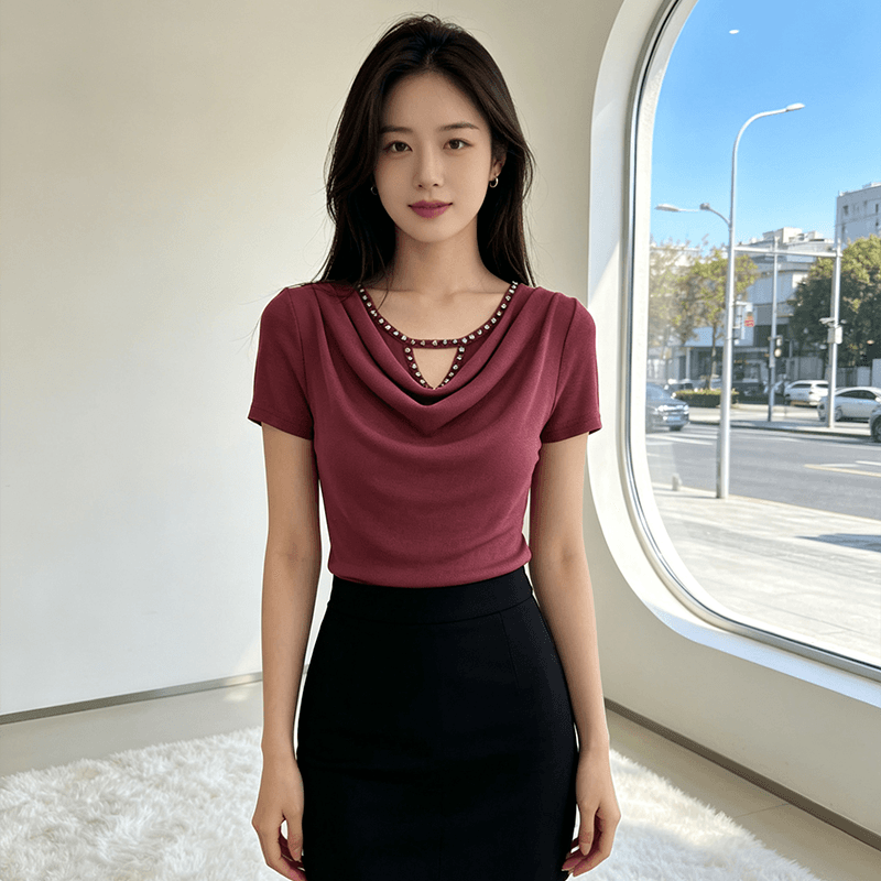 무거운 작업 다이아몬드 세팅 흔들다 칼라 여름 반팔 티셔츠 품격 몸매 가꾸기 순수한 욕망 바람 슬림해 보이는 분위기 센스 당겨서 전체 의류 블라우스 이미지 2