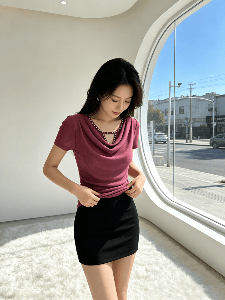 무거운 작업 다이아몬드 세팅 흔들다 칼라 여름 반팔 티셔츠 품격 몸매 가꾸기 순수한 욕망 바람 슬림해 보이는 분위기 센스 당겨서 전체 의류 블라우스 상세 이미지 1