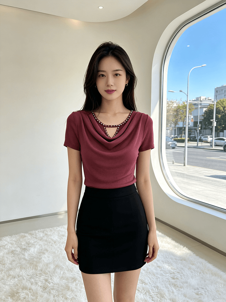 무거운 작업 다이아몬드 세팅 흔들다 칼라 여름 반팔 티셔츠 품격 몸매 가꾸기 순수한 욕망 바람 슬림해 보이는 분위기 센스 당겨서 전체 의류 블라우스 상세 이미지 2