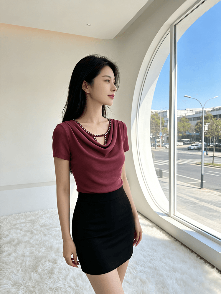 무거운 작업 다이아몬드 세팅 흔들다 칼라 여름 반팔 티셔츠 품격 몸매 가꾸기 순수한 욕망 바람 슬림해 보이는 분위기 센스 당겨서 전체 의류 블라우스 상세 이미지 5