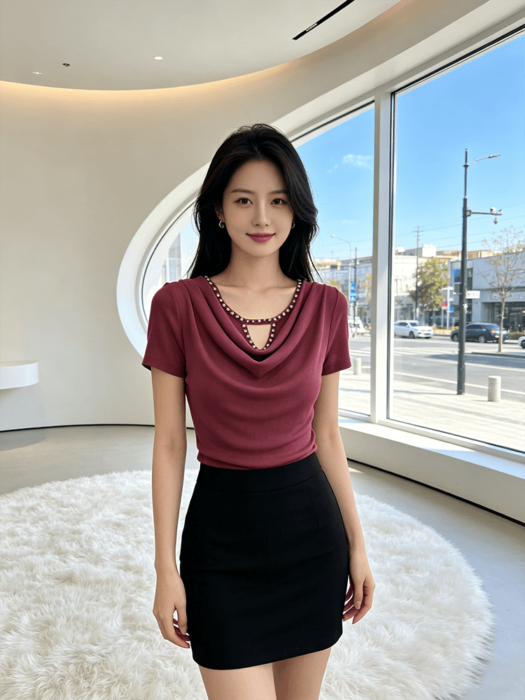무거운 작업 다이아몬드 세팅 흔들다 칼라 여름 반팔 티셔츠 품격 몸매 가꾸기 순수한 욕망 바람 슬림해 보이는 분위기 센스 당겨서 전체 의류 블라우스 상세 이미지 7