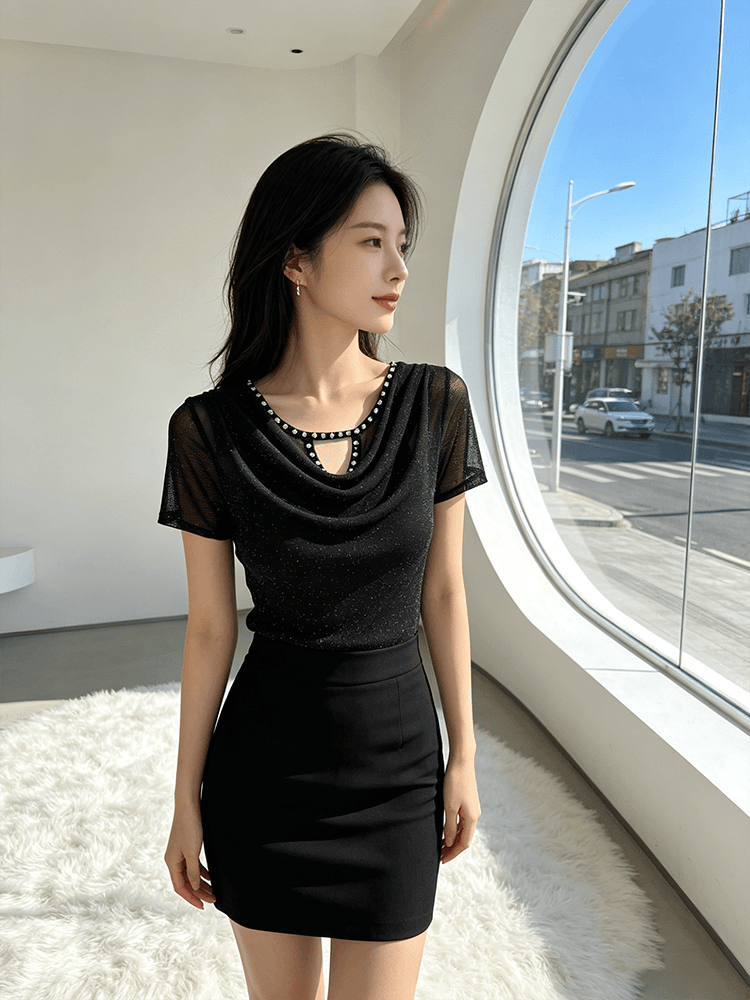 무거운 작업 다이아몬드 세팅 흔들다 칼라 여름 반팔 티셔츠 품격 몸매 가꾸기 순수한 욕망 바람 슬림해 보이는 분위기 센스 당겨서 전체 의류 블라우스 상세 이미지 9