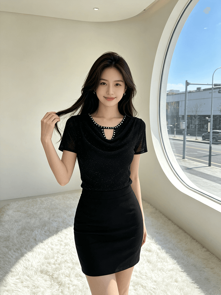 무거운 작업 다이아몬드 세팅 흔들다 칼라 여름 반팔 티셔츠 품격 몸매 가꾸기 순수한 욕망 바람 슬림해 보이는 분위기 센스 당겨서 전체 의류 블라우스 상세 이미지 10