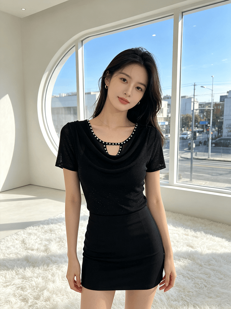 무거운 작업 다이아몬드 세팅 흔들다 칼라 여름 반팔 티셔츠 품격 몸매 가꾸기 순수한 욕망 바람 슬림해 보이는 분위기 센스 당겨서 전체 의류 블라우스 상세 이미지 11