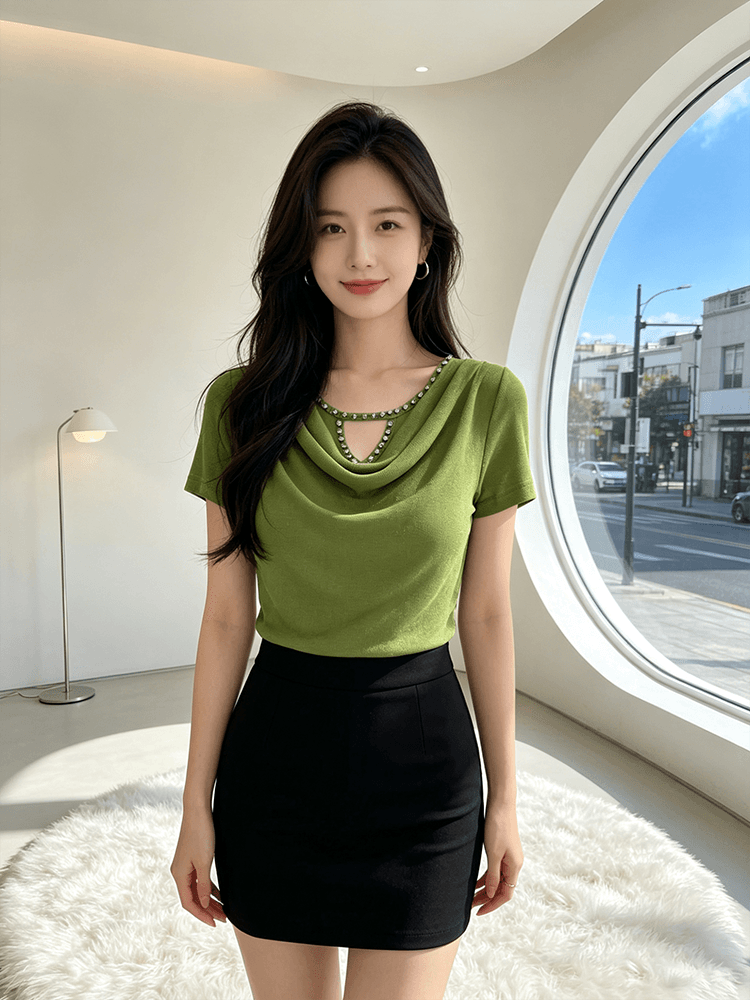 무거운 작업 다이아몬드 세팅 흔들다 칼라 여름 반팔 티셔츠 품격 몸매 가꾸기 순수한 욕망 바람 슬림해 보이는 분위기 센스 당겨서 전체 의류 블라우스 상세 이미지 18