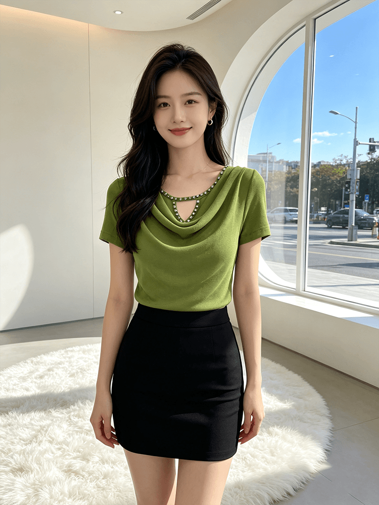 무거운 작업 다이아몬드 세팅 흔들다 칼라 여름 반팔 티셔츠 품격 몸매 가꾸기 순수한 욕망 바람 슬림해 보이는 분위기 센스 당겨서 전체 의류 블라우스 상세 이미지 19