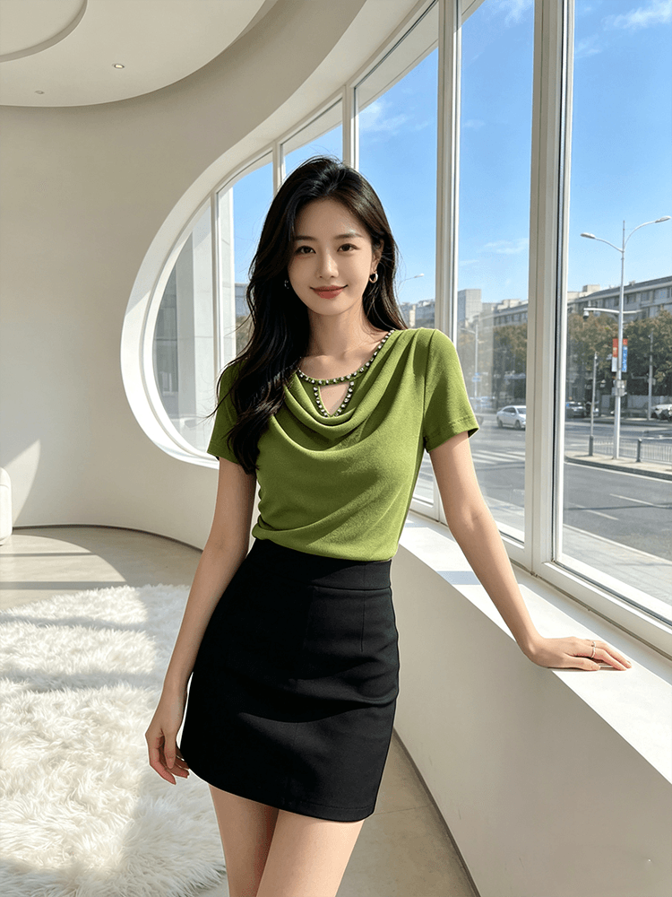 무거운 작업 다이아몬드 세팅 흔들다 칼라 여름 반팔 티셔츠 품격 몸매 가꾸기 순수한 욕망 바람 슬림해 보이는 분위기 센스 당겨서 전체 의류 블라우스 상세 이미지 20