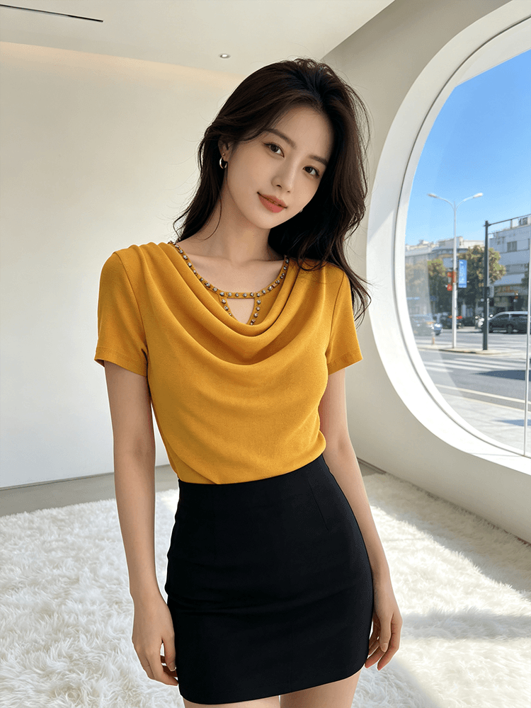 무거운 작업 다이아몬드 세팅 흔들다 칼라 여름 반팔 티셔츠 품격 몸매 가꾸기 순수한 욕망 바람 슬림해 보이는 분위기 센스 당겨서 전체 의류 블라우스 상세 이미지 23