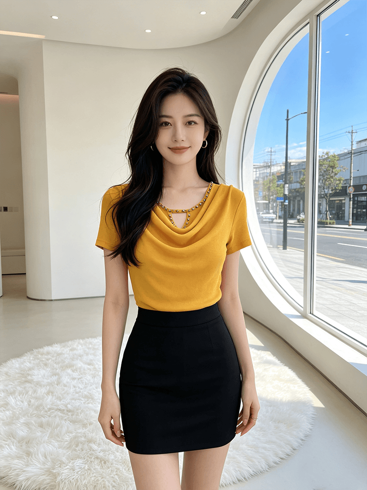 무거운 작업 다이아몬드 세팅 흔들다 칼라 여름 반팔 티셔츠 품격 몸매 가꾸기 순수한 욕망 바람 슬림해 보이는 분위기 센스 당겨서 전체 의류 블라우스 상세 이미지 24