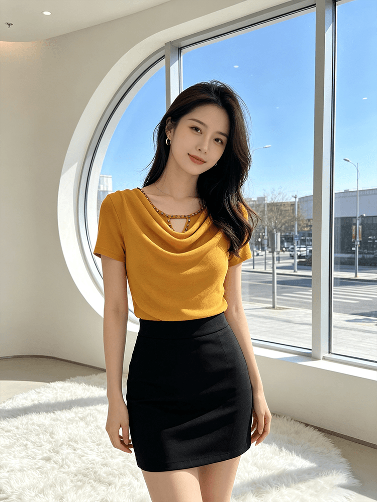 무거운 작업 다이아몬드 세팅 흔들다 칼라 여름 반팔 티셔츠 품격 몸매 가꾸기 순수한 욕망 바람 슬림해 보이는 분위기 센스 당겨서 전체 의류 블라우스 상세 이미지 25