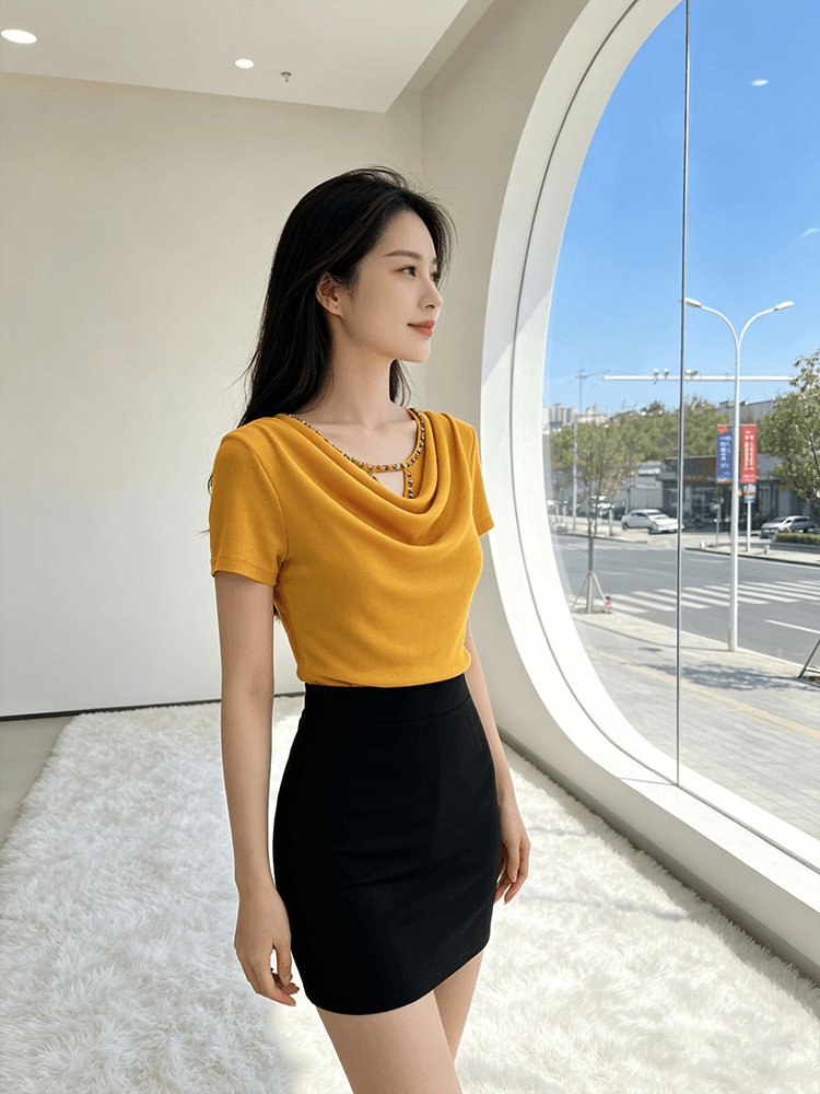 무거운 작업 다이아몬드 세팅 흔들다 칼라 여름 반팔 티셔츠 품격 몸매 가꾸기 순수한 욕망 바람 슬림해 보이는 분위기 센스 당겨서 전체 의류 블라우스 상세 이미지 26