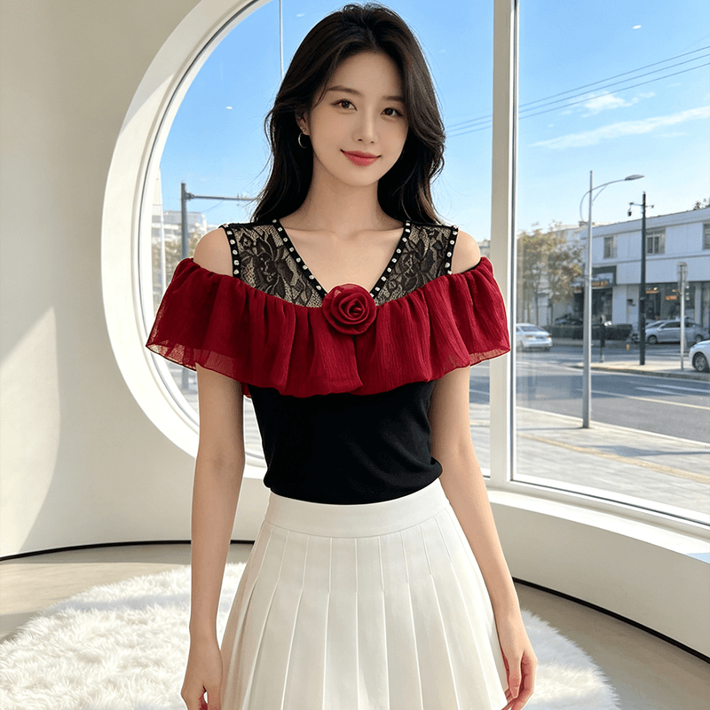 오프숄더 장미 프릴 맨위 여성 여름 새로운 레이스 못 훈련 V넥 슬림해 보이는 몸매 가꾸기 다용도 반팔 티셔츠