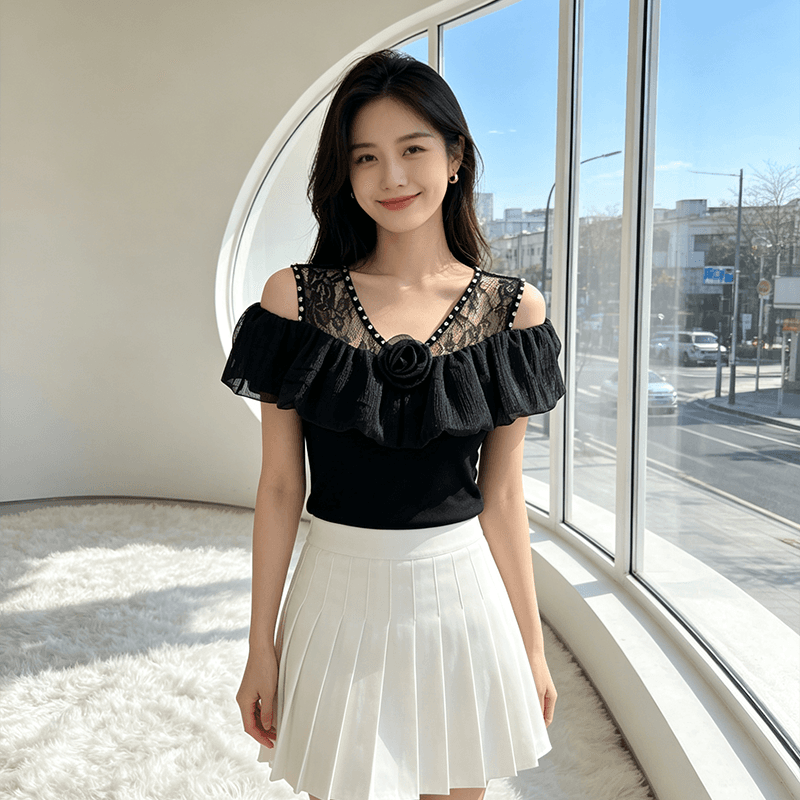 오프숄더 장미 프릴 맨위 여성 여름 새로운 레이스 못 훈련 V넥 슬림해 보이는 몸매 가꾸기 다용도 반팔 티셔츠 이미지 4