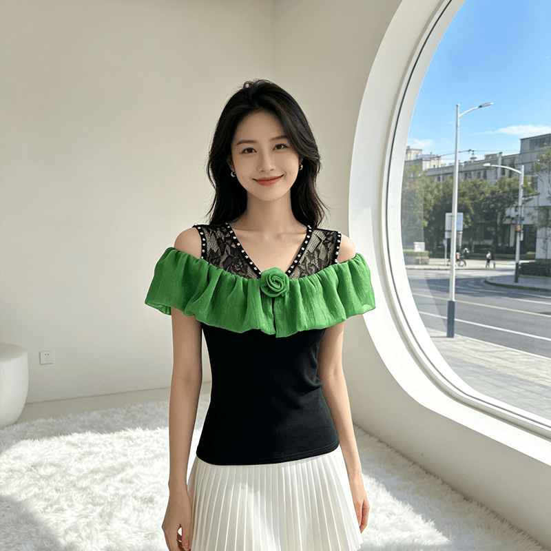 오프숄더 장미 프릴 맨위 여성 여름 새로운 레이스 못 훈련 V넥 슬림해 보이는 몸매 가꾸기 다용도 반팔 티셔츠 이미지 2