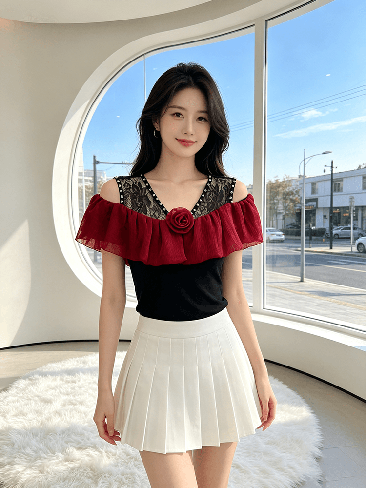 오프숄더 장미 프릴 맨위 여성 여름 새로운 레이스 못 훈련 V넥 슬림해 보이는 몸매 가꾸기 다용도 반팔 티셔츠 상세 이미지 2