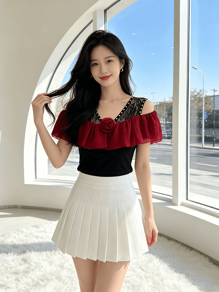 오프숄더 장미 프릴 맨위 여성 여름 새로운 레이스 못 훈련 V넥 슬림해 보이는 몸매 가꾸기 다용도 반팔 티셔츠 상세 이미지 3
