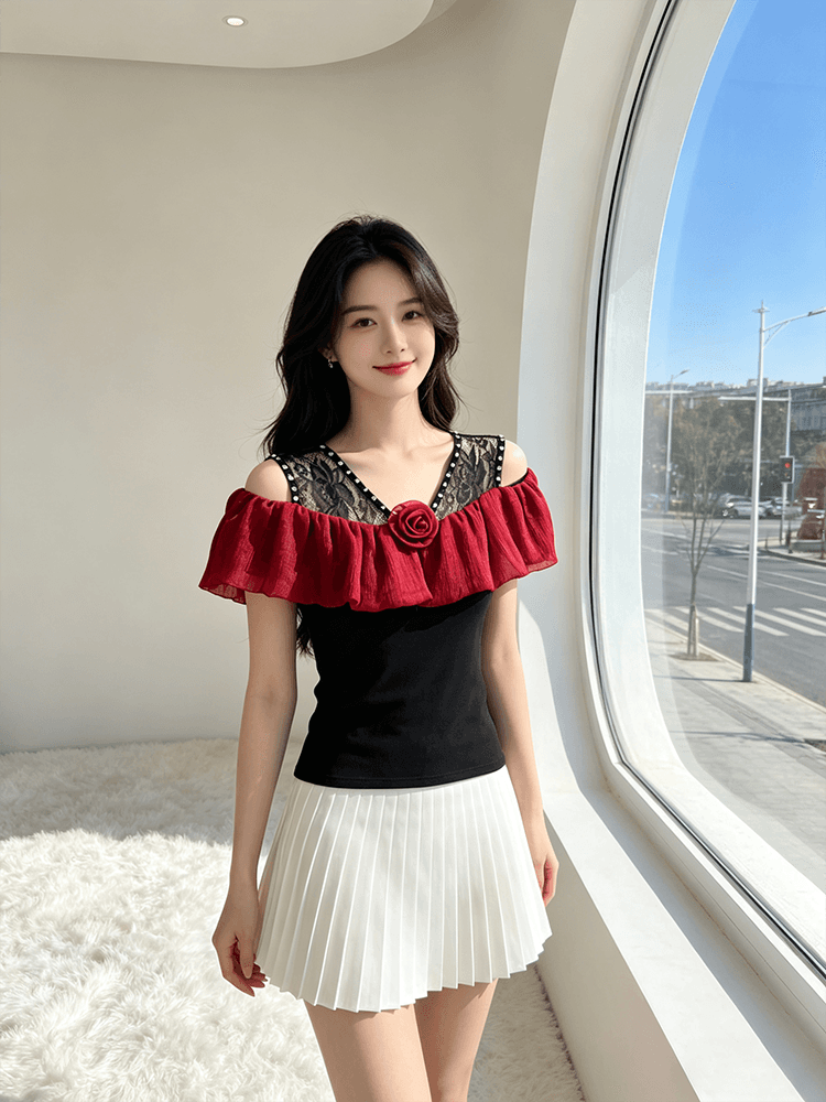 오프숄더 장미 프릴 맨위 여성 여름 새로운 레이스 못 훈련 V넥 슬림해 보이는 몸매 가꾸기 다용도 반팔 티셔츠 상세 이미지 4