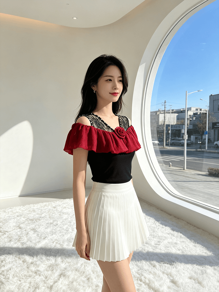 오프숄더 장미 프릴 맨위 여성 여름 새로운 레이스 못 훈련 V넥 슬림해 보이는 몸매 가꾸기 다용도 반팔 티셔츠 상세 이미지 5