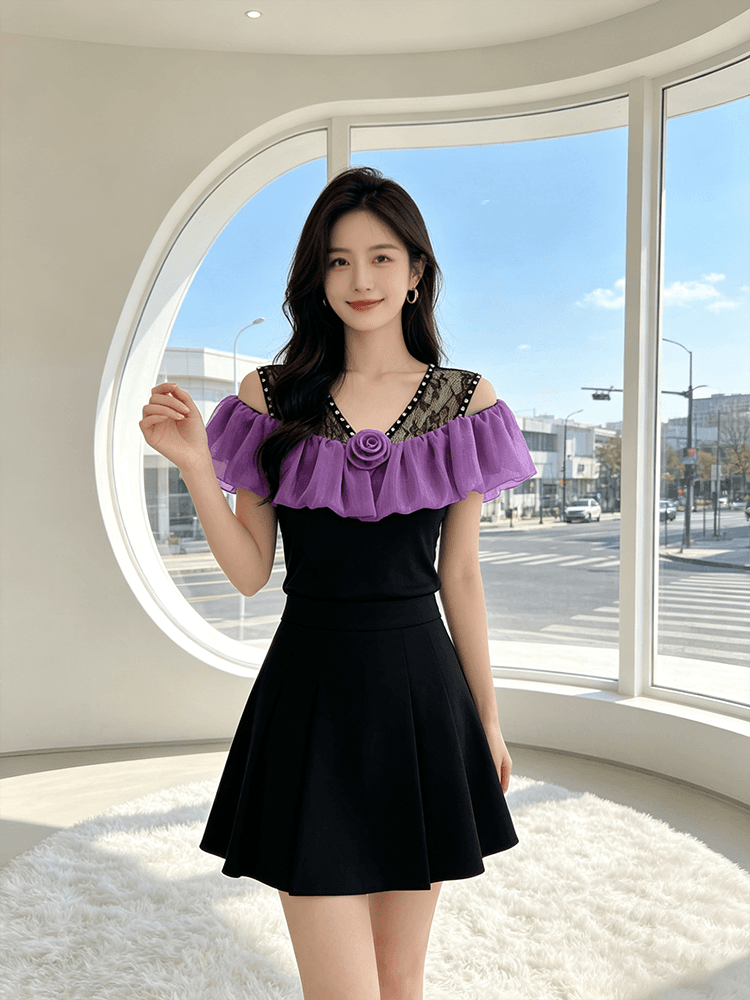 오프숄더 장미 프릴 맨위 여성 여름 새로운 레이스 못 훈련 V넥 슬림해 보이는 몸매 가꾸기 다용도 반팔 티셔츠 상세 이미지 7