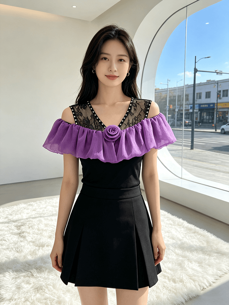 오프숄더 장미 프릴 맨위 여성 여름 새로운 레이스 못 훈련 V넥 슬림해 보이는 몸매 가꾸기 다용도 반팔 티셔츠 상세 이미지 8