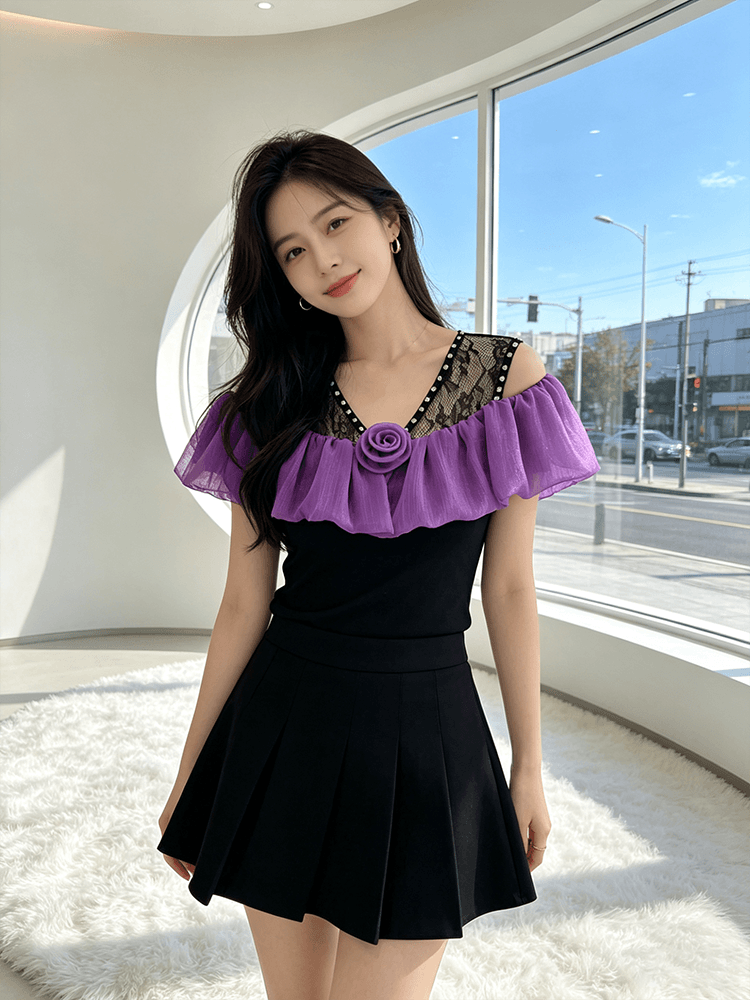 오프숄더 장미 프릴 맨위 여성 여름 새로운 레이스 못 훈련 V넥 슬림해 보이는 몸매 가꾸기 다용도 반팔 티셔츠 상세 이미지 9