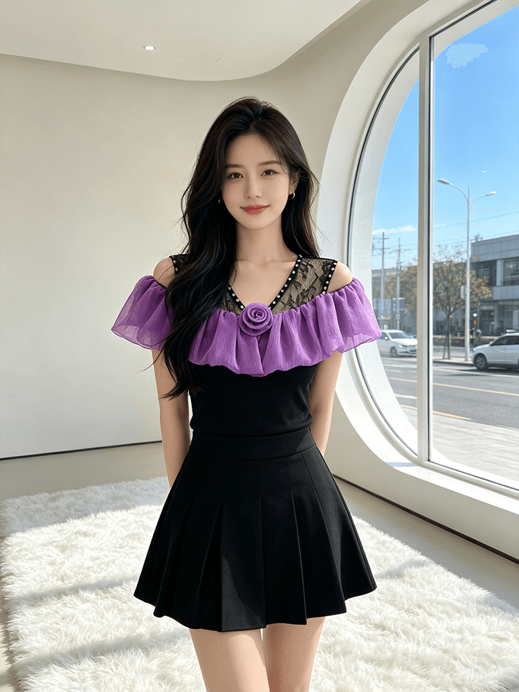 오프숄더 장미 프릴 맨위 여성 여름 새로운 레이스 못 훈련 V넥 슬림해 보이는 몸매 가꾸기 다용도 반팔 티셔츠 상세 이미지 11
