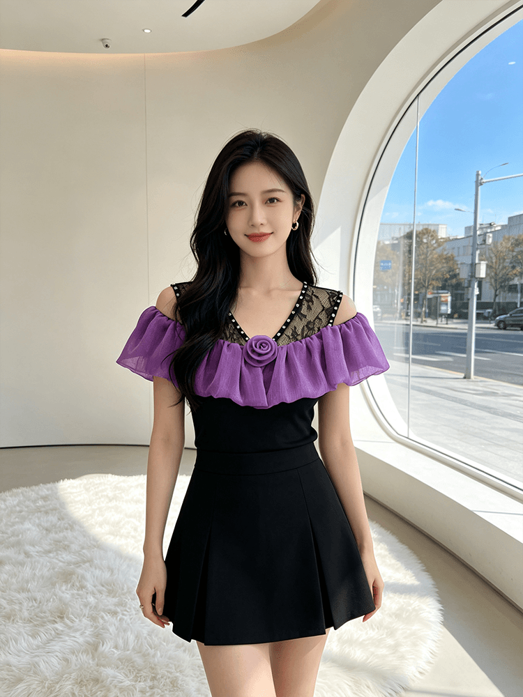 오프숄더 장미 프릴 맨위 여성 여름 새로운 레이스 못 훈련 V넥 슬림해 보이는 몸매 가꾸기 다용도 반팔 티셔츠 상세 이미지 12