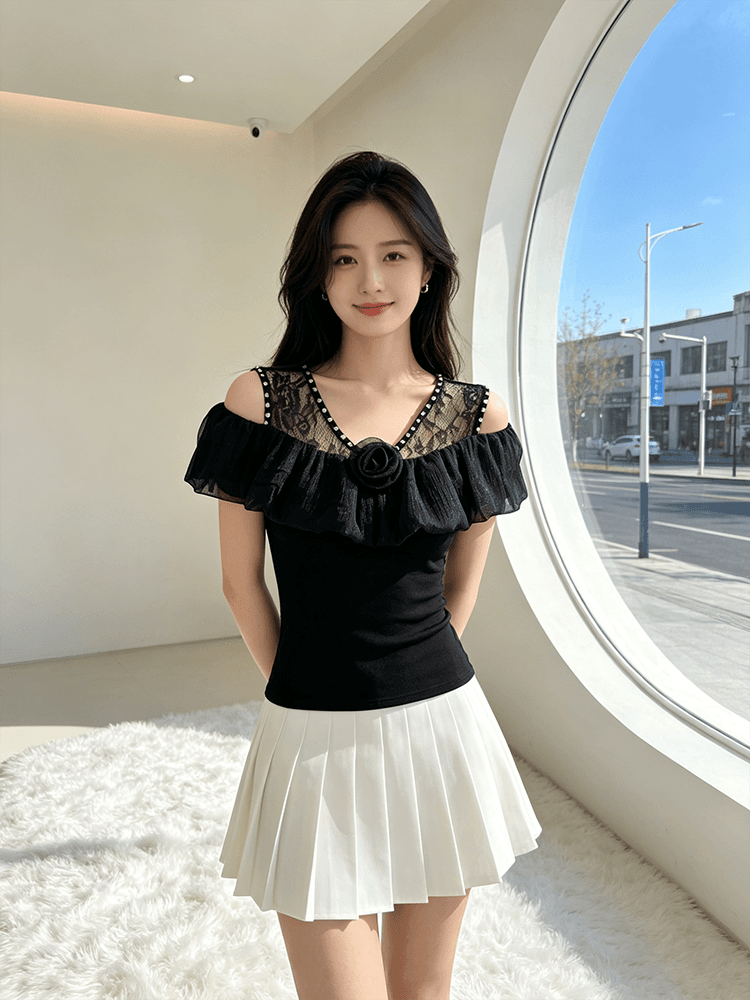오프숄더 장미 프릴 맨위 여성 여름 새로운 레이스 못 훈련 V넥 슬림해 보이는 몸매 가꾸기 다용도 반팔 티셔츠 상세 이미지 14