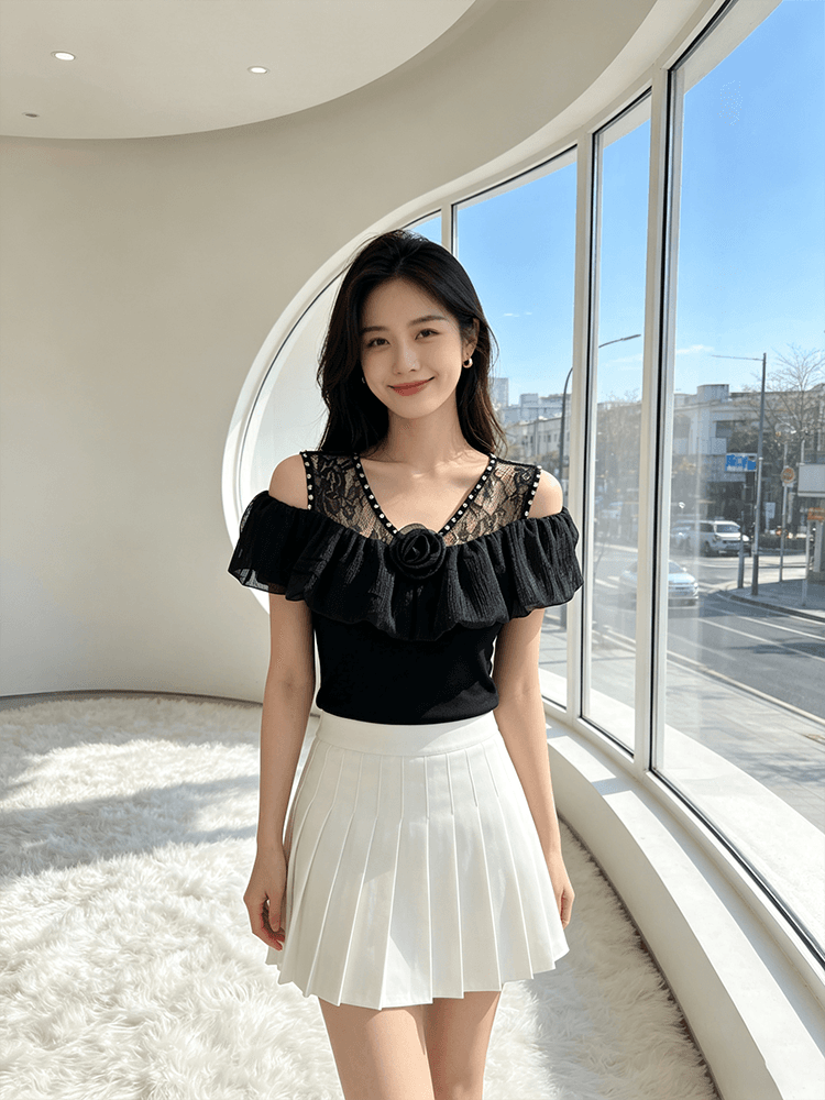오프숄더 장미 프릴 맨위 여성 여름 새로운 레이스 못 훈련 V넥 슬림해 보이는 몸매 가꾸기 다용도 반팔 티셔츠 상세 이미지 15