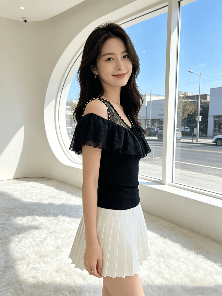 오프숄더 장미 프릴 맨위 여성 여름 새로운 레이스 못 훈련 V넥 슬림해 보이는 몸매 가꾸기 다용도 반팔 티셔츠 상세 이미지 16