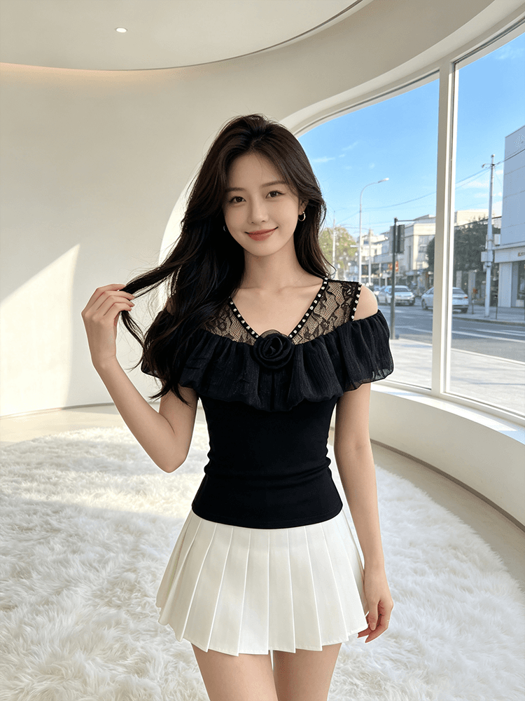 오프숄더 장미 프릴 맨위 여성 여름 새로운 레이스 못 훈련 V넥 슬림해 보이는 몸매 가꾸기 다용도 반팔 티셔츠 상세 이미지 17