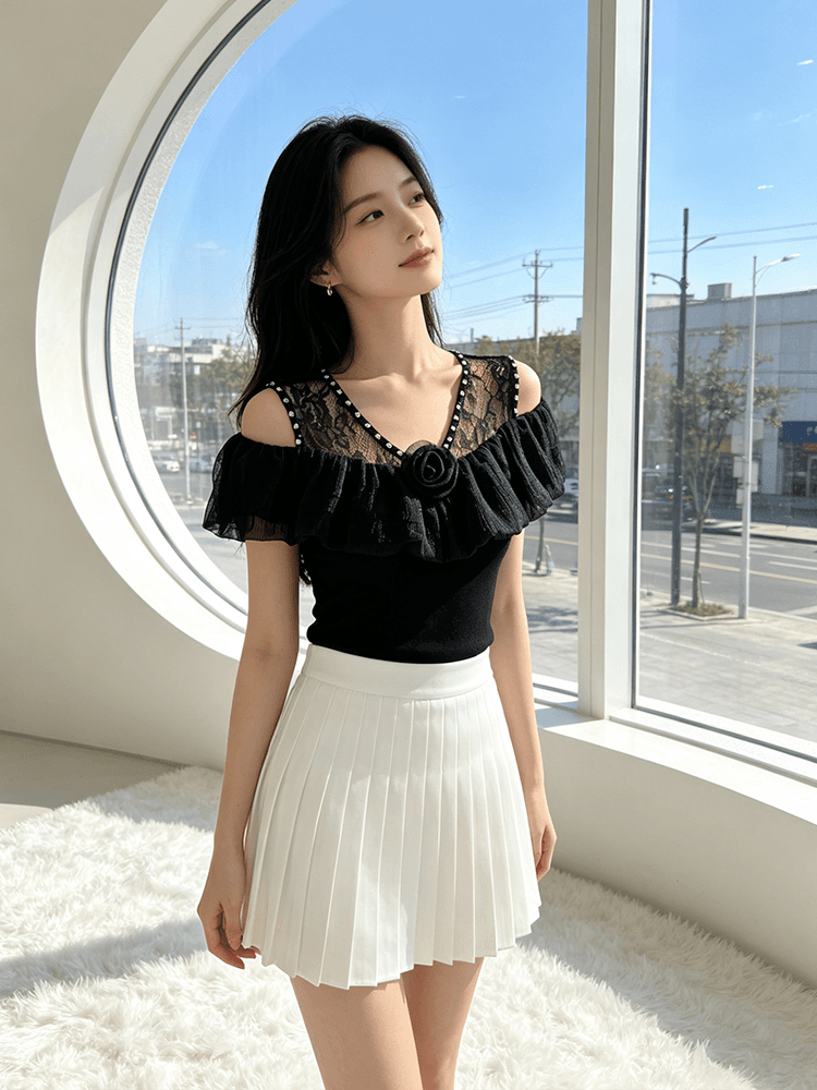 오프숄더 장미 프릴 맨위 여성 여름 새로운 레이스 못 훈련 V넥 슬림해 보이는 몸매 가꾸기 다용도 반팔 티셔츠 상세 이미지 18
