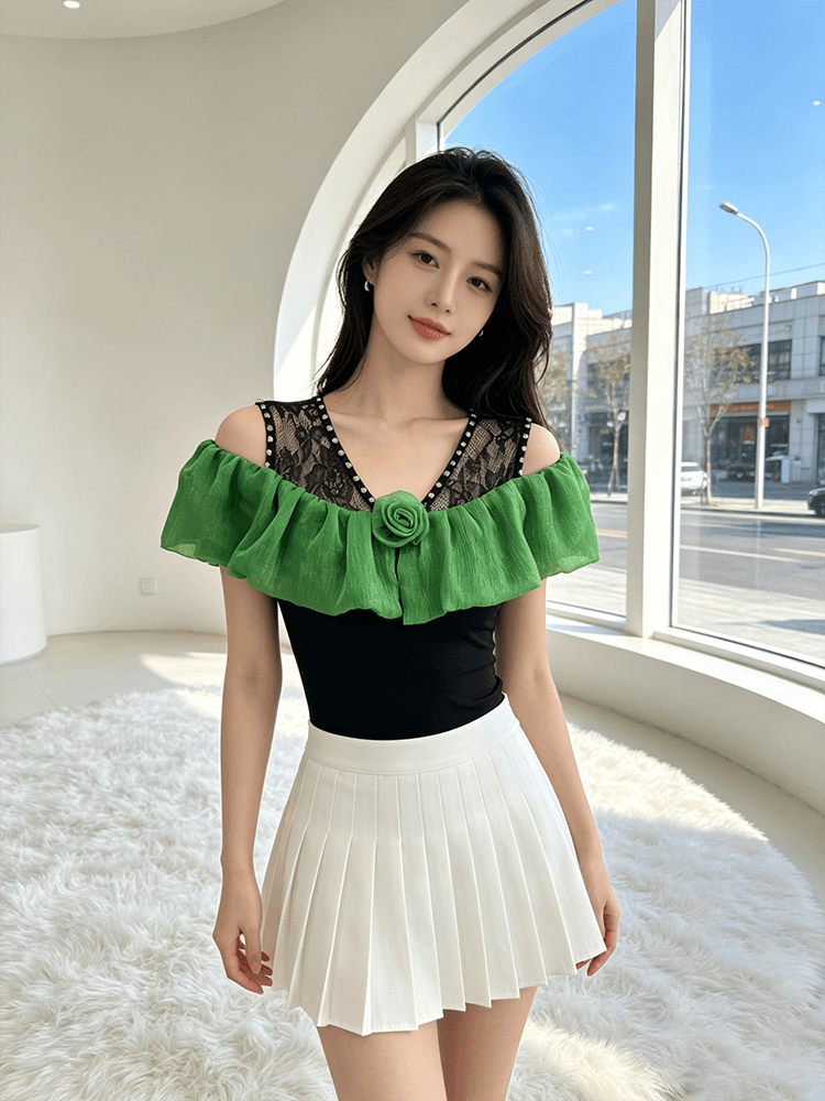 오프숄더 장미 프릴 맨위 여성 여름 새로운 레이스 못 훈련 V넥 슬림해 보이는 몸매 가꾸기 다용도 반팔 티셔츠 상세 이미지 19