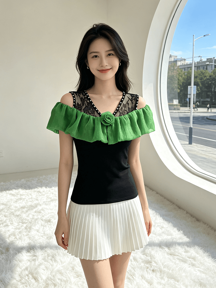 오프숄더 장미 프릴 맨위 여성 여름 새로운 레이스 못 훈련 V넥 슬림해 보이는 몸매 가꾸기 다용도 반팔 티셔츠 상세 이미지 20